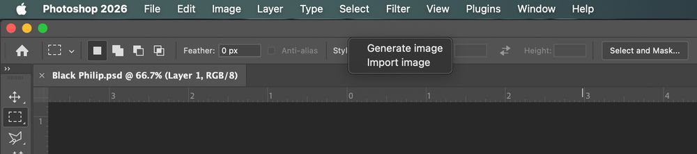 Photoshop 2025 Rectangular Marquee options under the 'Style' dropdown include 'Generate image' and 'Import image'. If you use 'Import image' it's possible to set the ratio of the selection, but I can't see if it's even possible to set a fixed size for a selection box. But they want to make it so so clear to me that my first move should always be generating some slop.