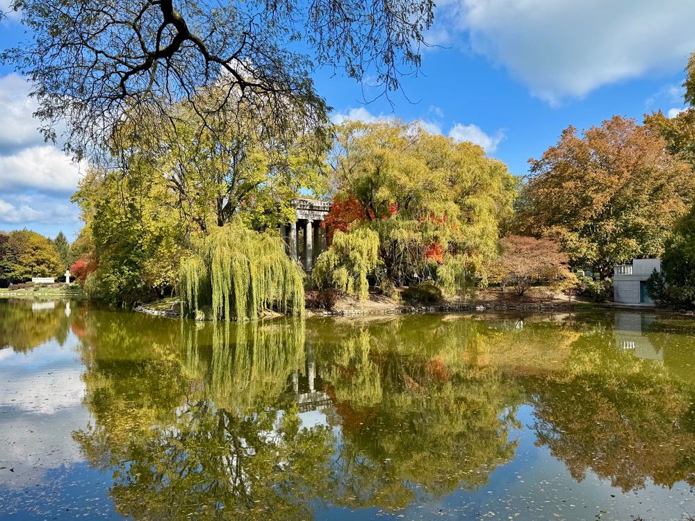 Looking across a smooth reflective pond to a grove of trees among which you can see part of the Palmer monument, an Ionic-style Greek temple. All under blue sky and white clouds. 