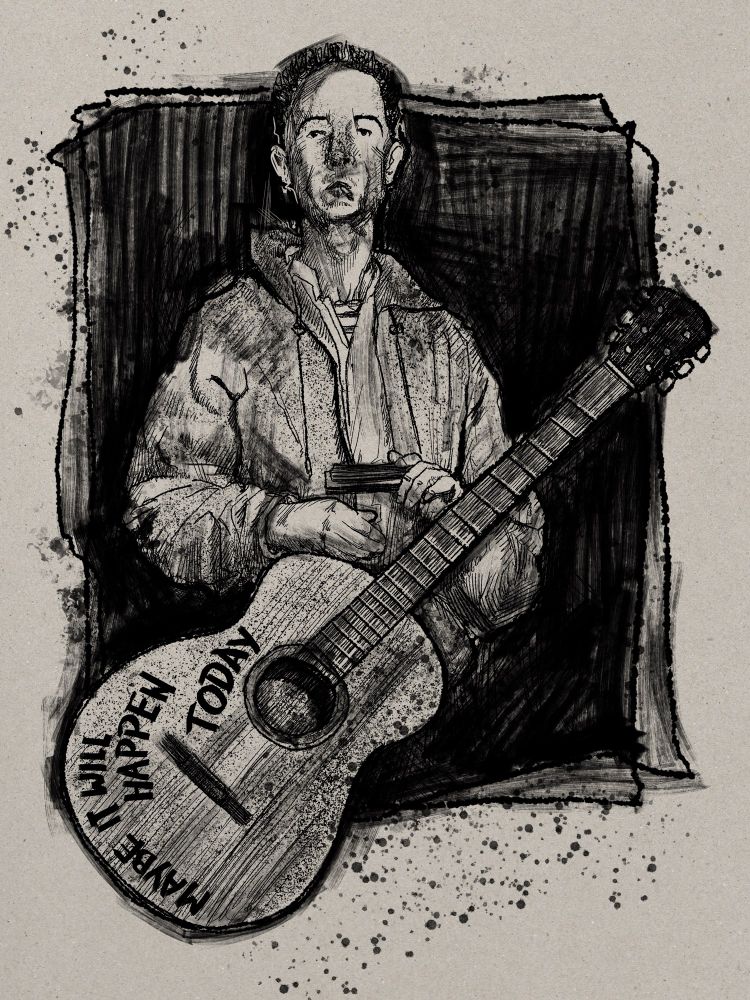 Digital ink drawing on a toned paper background. Taken from a famous photo of Woody Guthrie, standing and looking straight into the lens of the camera with a cigarette extending from pursed lips. One hand is resting on the body of his guitar and the other of holding a harmonica. Rough hand lettering around the front of the guitar reads ‘Maybe it will happen today’. 