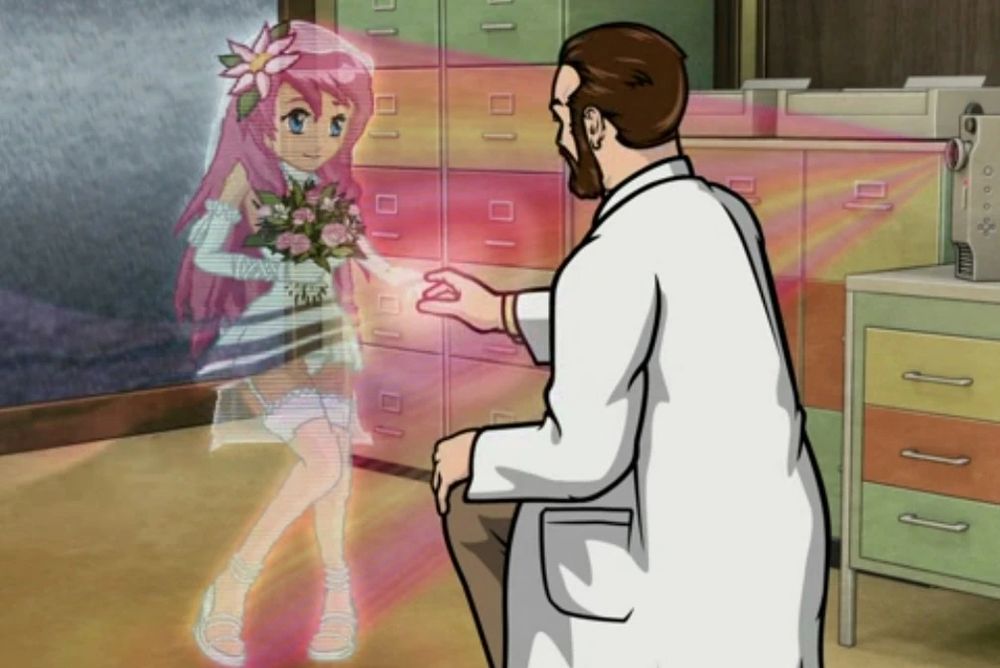 Screenshot from Archer showing Dr. Krieger (beardy white guy in a lab coat) kneeling down in front of his holographic anime girlfriend Mitsuko Miyazumi (very petite, long pink hair, very short wedding dress with thigh high stockings.)