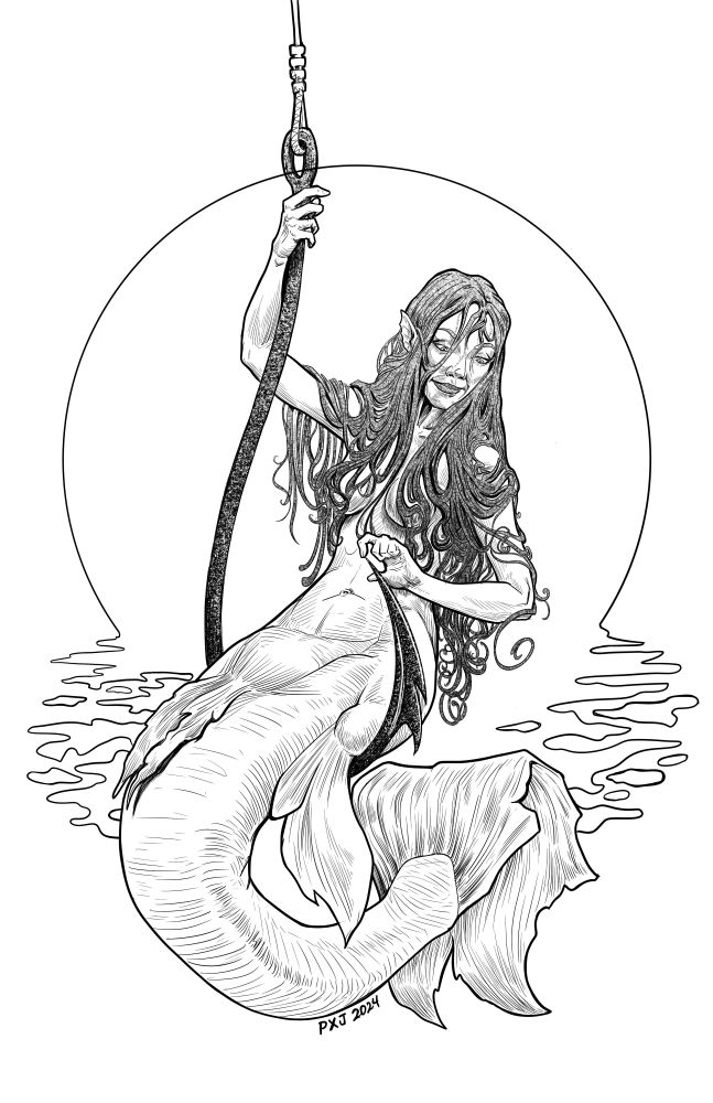 A monochrome digital drawing of a mermaid with long wet hair draped over her shoulders and upper body sitting on a large fishhook as if it were a swing, curling her tail up under herself. She's a somewhat sly glance downward possibly toward whatever the intended catch is.
