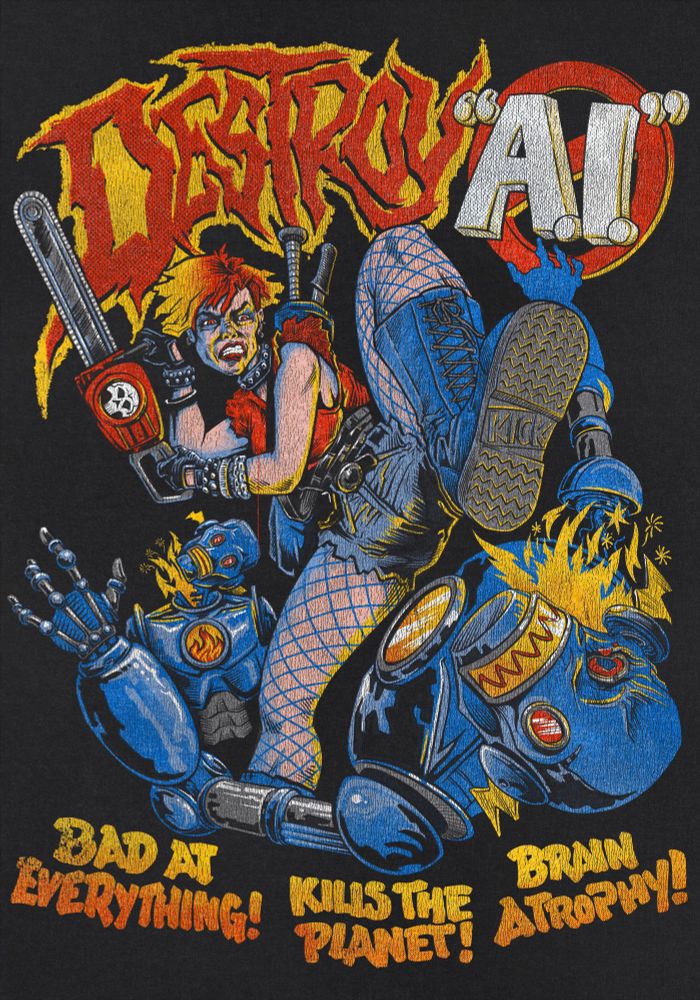 A digital illustration in very comic book style. At the center is an 80s Punk/Mad Max/Tank Girl-type girl with bright red and yellow rough-cut hair, wearing a red cut up tee, lots of belts and a studded collar and bracelets etc, denim cutoffs over electric blue fishnets, and tall blue combat-type boots. In her hands she has a red chainsaw with a skull decoration on It that she's holding at the ready. There’s a bag slung over her shoulder with the handles of a baseball bat and a machete emerging from the top of it. She is reared back on one foot, having just delivered a tremendous kick to the head of a humanoid robot which is reeling backwards, face half smashed in and turned toward the viewer, arms stretched out, with flames and sparks shooting out of its neck. It's one of those retro-future streamline robot guys that you would maybe see Superman fight in a Fleischer cartoon. Behind on the left you can see from the waist up another such robot which has been dealt with similarly just before. Above and behind all this is jagged red lettering over a jagged yellow outline reading DESTROY next to dimensionalized sans-serif letters reading "A.I." (quotes included) over a 🚫 symbol. Under the reeling robot are some important anti-AI talking points rendered in rough maker-style hand lettering: 'Bad at Everything! Kill the Planet! Brain Atrophy!' I could go on but there's only so much space in one drawing. All of this has been worked up digitally to look like it's a vintage screen printed t-shirt design with cracked and worn plastisol inks. In conclusion, fuck your AI.