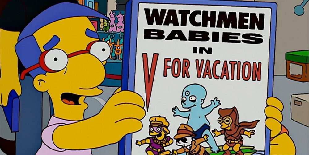 Milhouse from The Simpsons proudly showing his copy of Watchman Babies: V is for Vacation