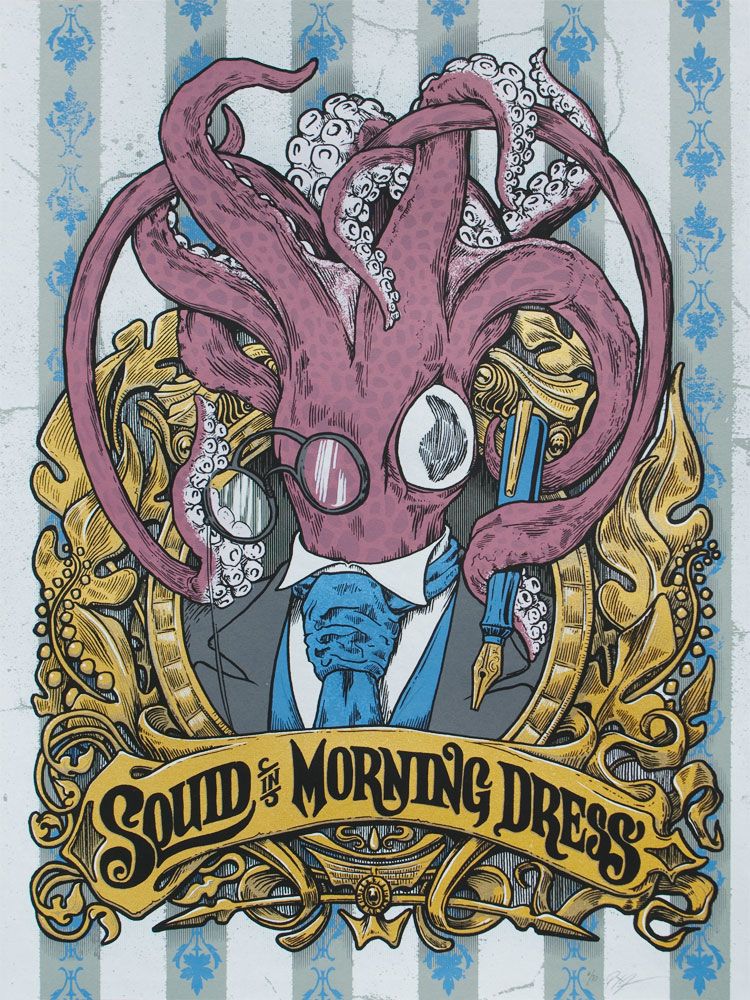 Squid in Morning Dress: a squid wearing fancy English morning dress, a stiff collared shirt, cravat, a coat, and a vest. The squid is extending arms and tentacles out of the collar of the shirt. One tentacle holds a pair of pince nez glasses and the other a fountain pen. All is surrounded by a gold filigree frame bearing the title on top of a striped background.