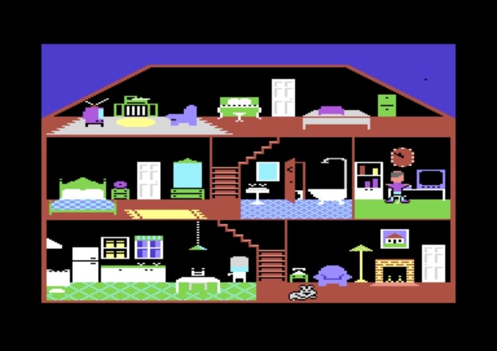 "Little Computer People" (C64) - Ansicht eines möbliertes Hauses mit Mensch und Hund.
