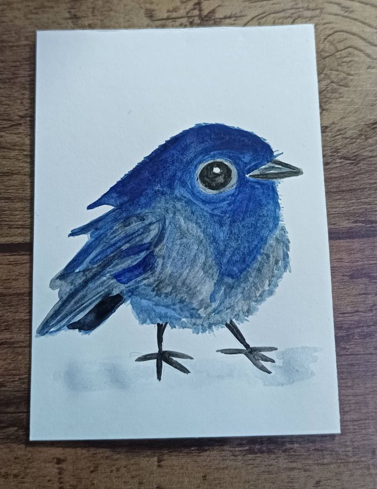 Watercolor painting of a derpy looking blue bird with black beak and big eyes. It has black legs. 