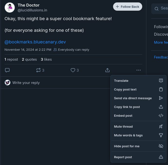 find a post you want to bookmark, tap on the 3 dots on the right, and select report post