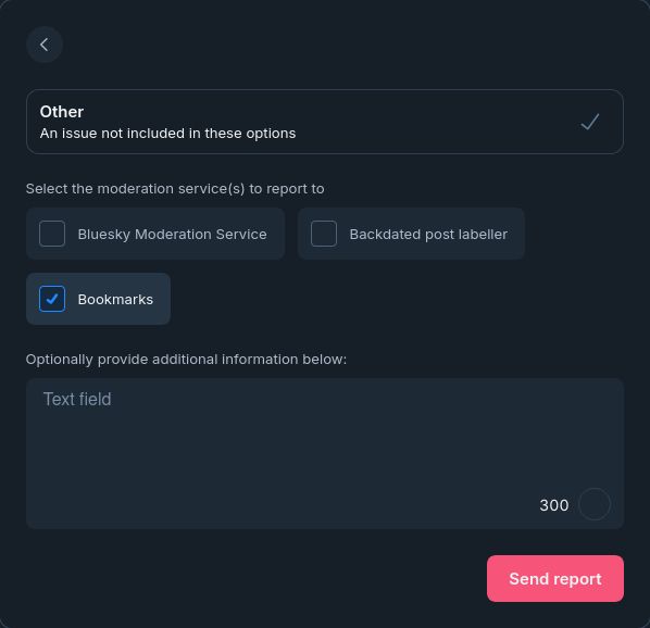 make sure bookmarks is selected once again - and hit send report.

(not sure if the text field helps, but you can skip that)