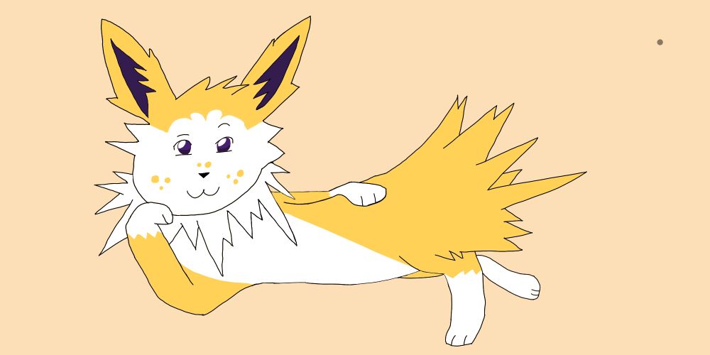 A crude art drawing of a jolteon posing seductively à la Rose from the movie Titanic (1997). His limbs feature white sock markings at the paw area, and his face is also colored white in a similar manner to a husky, save for round, yellow splotch markings that dot his cheek and nose areas.