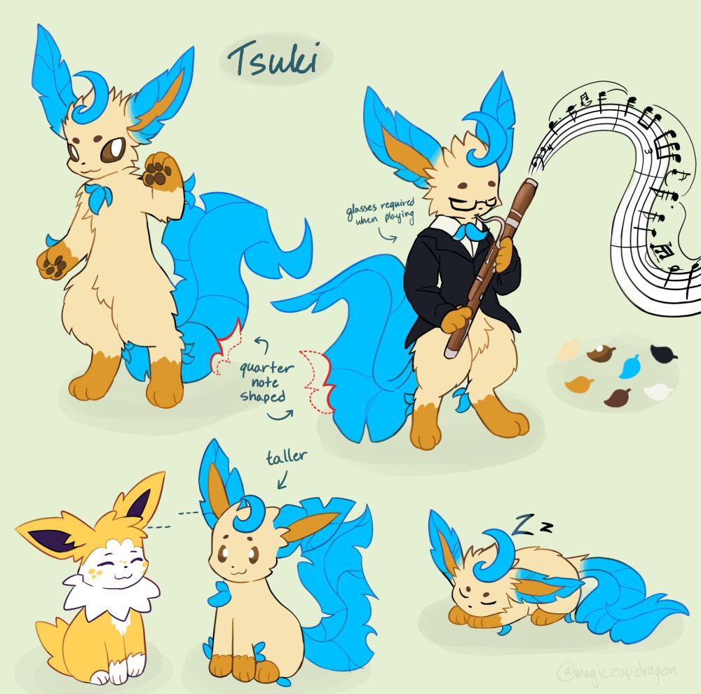 Ref sheet of Tsuki, a blue Leafeon