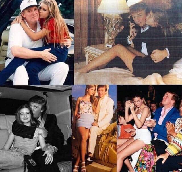 A montage of photos of middle-aged American rapist Donald Trump in close proximity to and suggestive poses with a number of very young girls. 