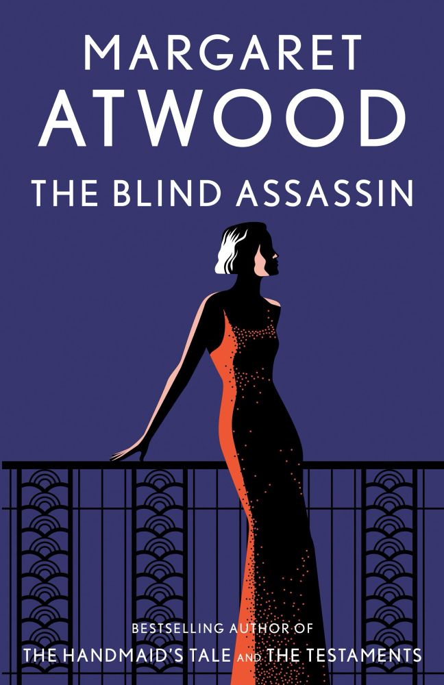Retro book cover for Margaret Atwood’s novel THE BLIND ASSASSIN 

Features an illustration of a platinum blonde woman in a red dress, leaning against an ornate railing, with purple background. 

Cover reads

MARGARET
ATWOOD
THE BLIND ASSASSIN
BESTSELLING AUTHOR OF
THE HANDMAID'S TALE AND THE TESTAMENTS