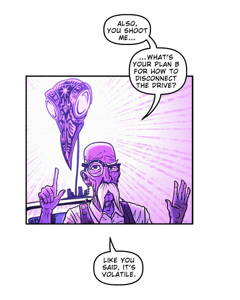 Panel from the Weird Luck webcomic: techno-wizard Aselovanthio Muurgan points at the Corvus Drive, which hovers and glows ominously. Drawn by Mike Bennewitz.