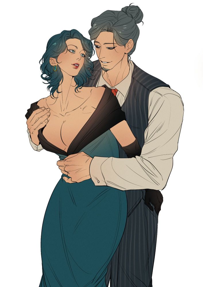 트위터 유저 윈저(@imsongzhyun)님께 의뢰하여 받은 삼국지톡 조조 드림 일러스트입니다. 정장 차림의 조조가 드레스를 입은 서형을 끌어안고 있습니다.