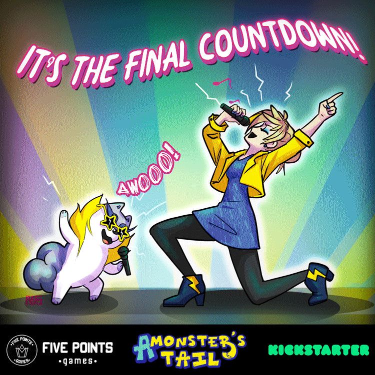A pomeranian and thunder storm inspired Genmon (think pokemon) and their trainer, a young woman with blond hair dressed in predominantly yellow and blue weather themed clothes, both sing enthusiastically into microphones. "It's the final countdown!"