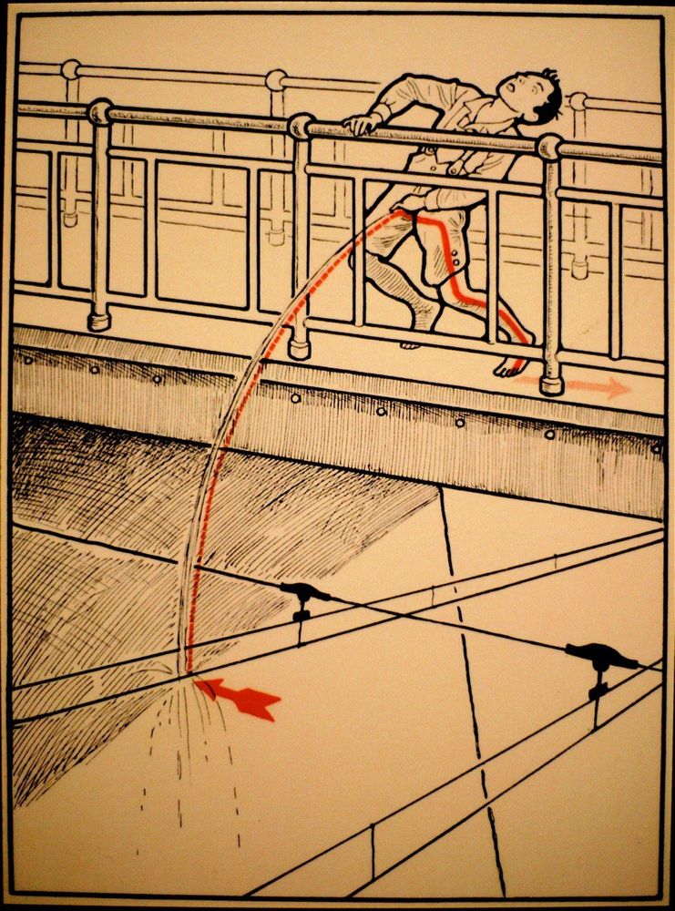 póster de 1932 en el que se muestra el dibujo de un joven orinando desde un puente sobre la catenaria del tren. Hay una línea roja en paralelo a la micción y una flecha roja que indica el lugar donde choca el flujo de orín con la catenaria y por otro lado, dicha línea continua a través del cuerpo del joven ahsta su pie en lo que se supone que es una descarga eléctrica.

El cartel vendría a indicar el motivo de electrocución por orinar encima de la catenaria