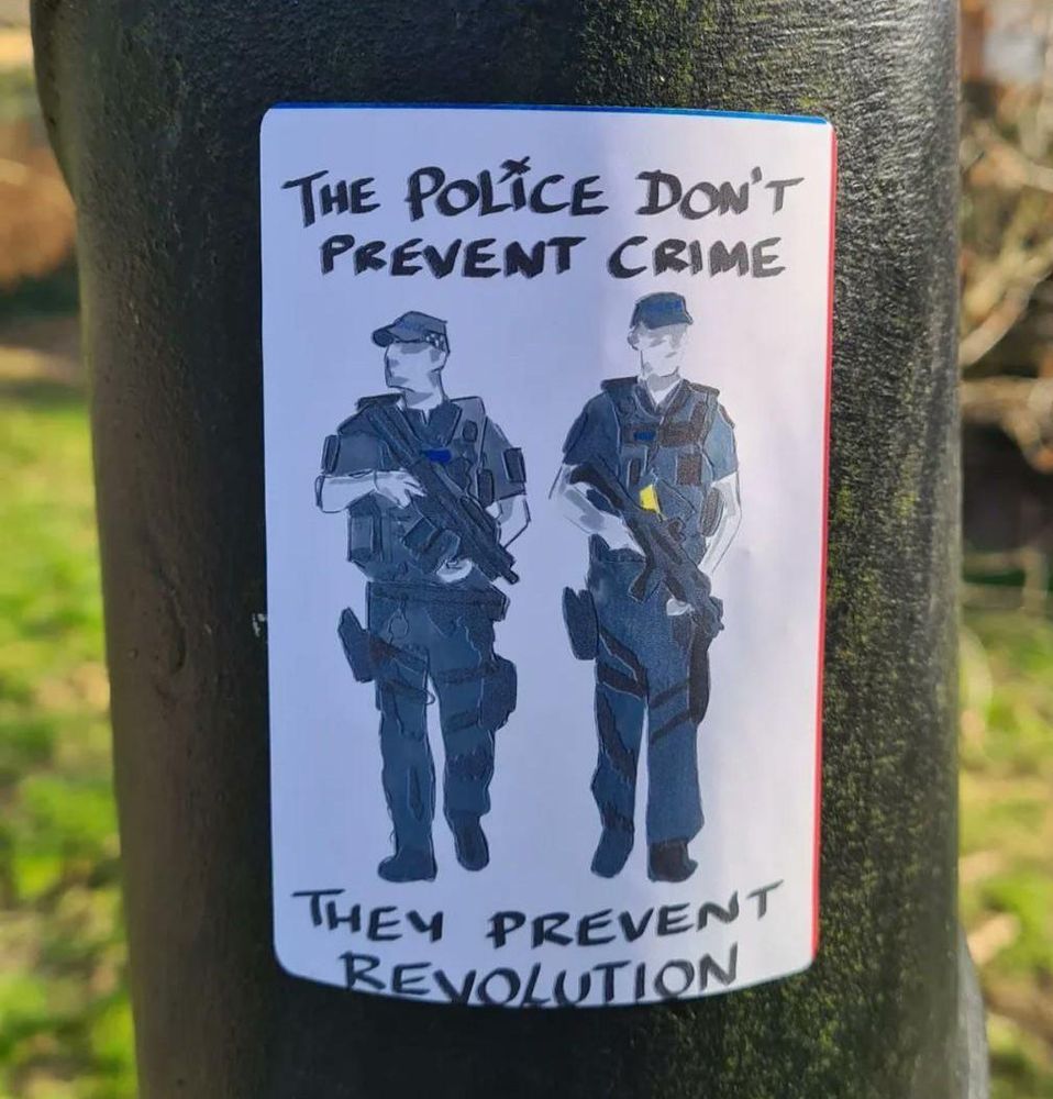 imagen de un cartel pegado en un poste. en el cartel se ve a 2 policías armados con fusiles automáticos en sus manos y con actitud vigilante

encima y debajo de sus siluetas la frase

"la policía no previene el crimen. previenen la REVOLUCIÓN"