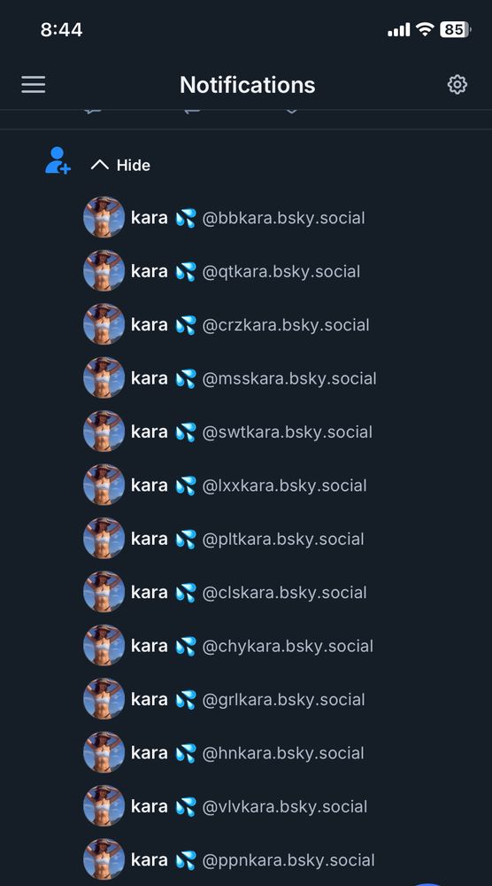 Just a long string of new follows all names Kara with the same picture and slightly different handles.