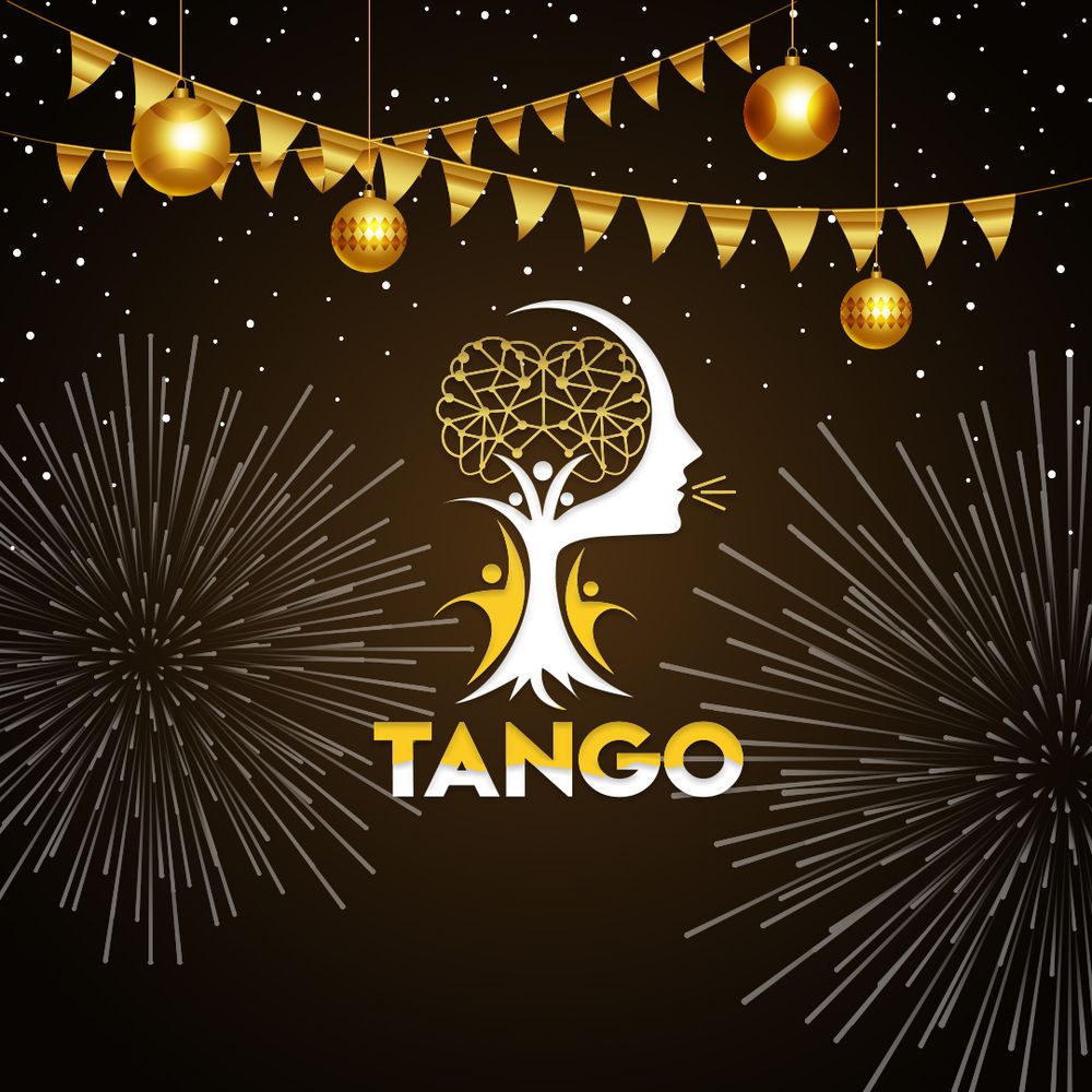 TANGO logo against a black background with golden fireworks, golden bunting, and golden baubles.