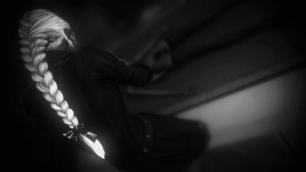 navrys stands over a long table, where another elf, walkelin, lies ready to receive his handiwork. the image is high-contrast, black and white.