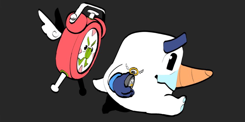 A cartoon of an animate red alarm clock with wings flying behind a snowman holding a living pocket watch.