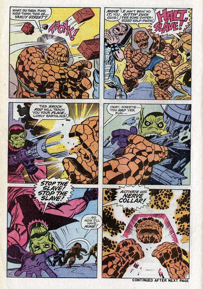 Page 14 of Fantastic Four 91 (Stan Lee, Jack Kirby, Joe Sinnott, Sam Rosen) where Ben Grimm tries to escape Skrull slavers only to have his NERVE COLLAR activated in a display of Kirby Dots