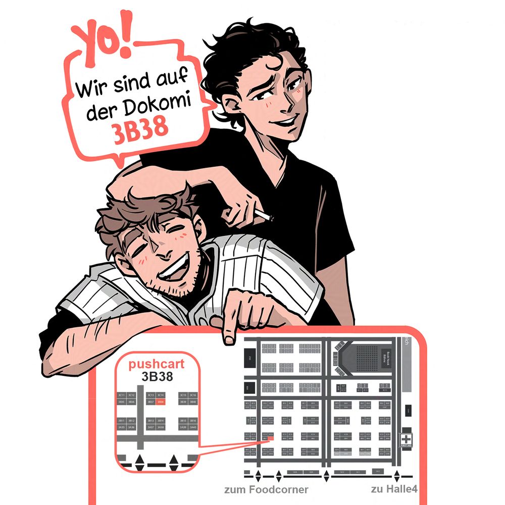 Illustration of Noah and Lorn from the manga Remembering Gale, pointing on a floorplan of dokomi expo. 