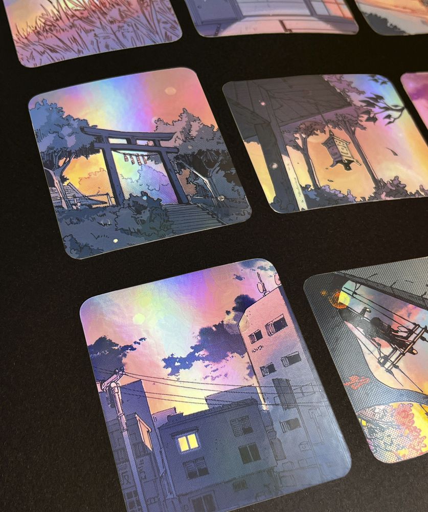 partly holographic stickers featuring colored backgroundpanels of the manga "Remembering Gale"