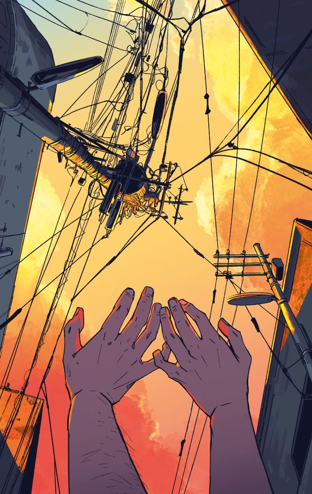 2 Hands in front of a red sky, 10 fingers represent every year we worked on Remembering Gale. Also, electricity poles because.... electricity poles. 