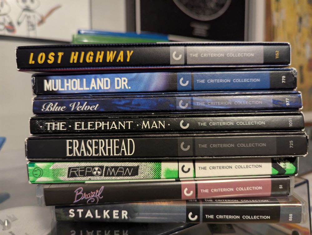 A picture of some of my Criterion Collection Blu-ray discs, which includes both Eraserhead and The Elephant Man which Google's AI search results says both exist and don't exist... 
