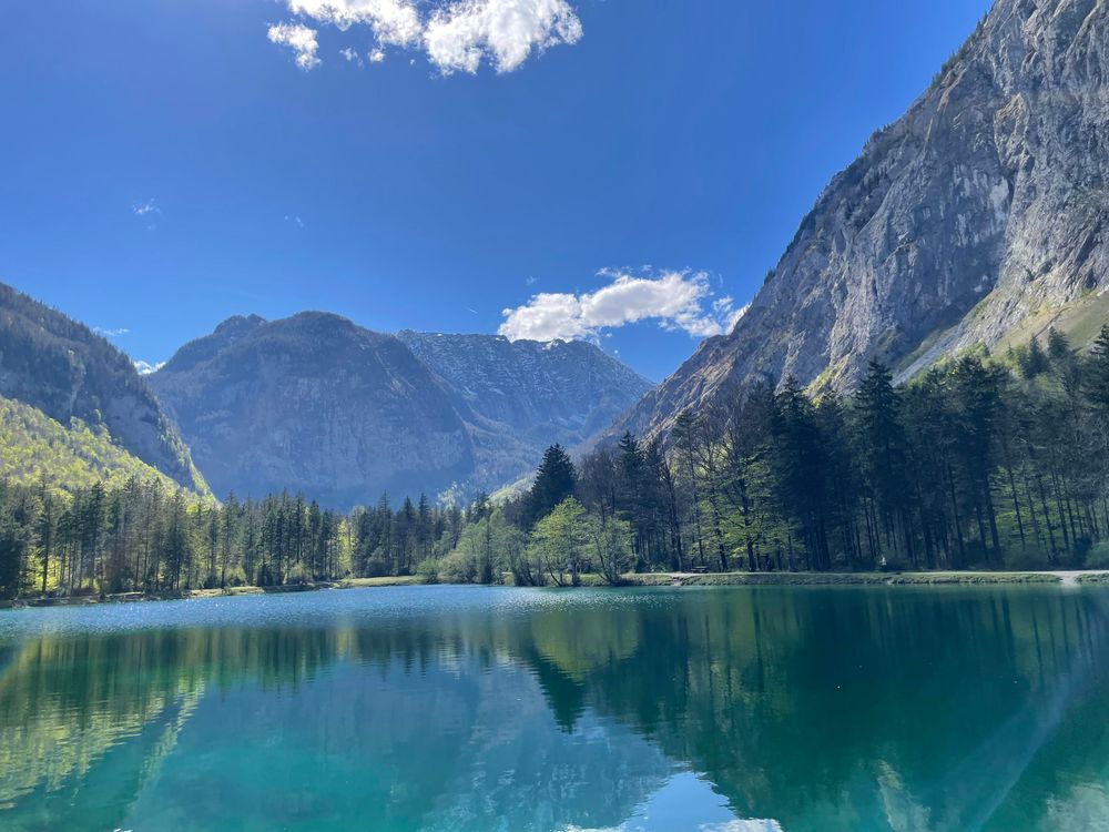 A very clear and blue lake surrounded by tall mountains with firs, larches and decisuous trees, reflected in the lake. Blue sky with very few fluffy clouds.