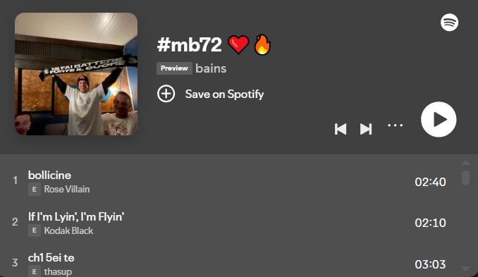 screenshot showing spotify playlist titled "#mb72" 