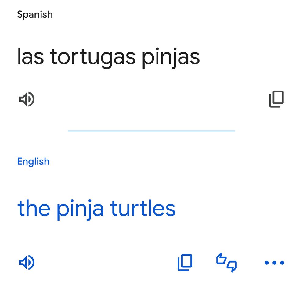 google translate showing "las tortugas pinjas" translated as "the pinja turtles"