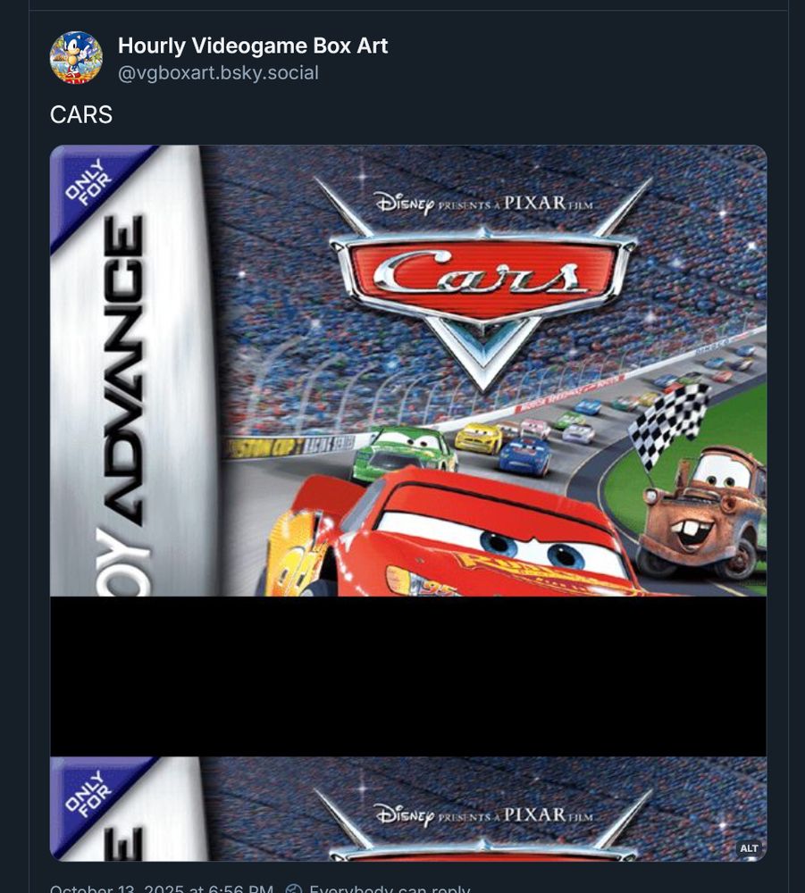 a screenshot of the Cars GBA game box that is inexplicably rolled so the top of the box is duplicated and displayed below the rest of the box, akin to an old tube tv with bad vertical hold