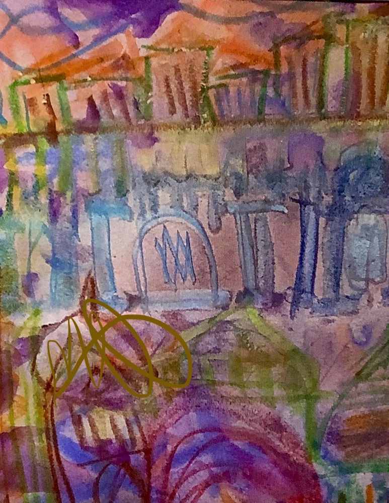Abstract painting of mixed media using pink, purple, blue, light greens depicting St. Mark’s Basilica that I painted soon after returning from a scholarship for painting and drawing in Rome.