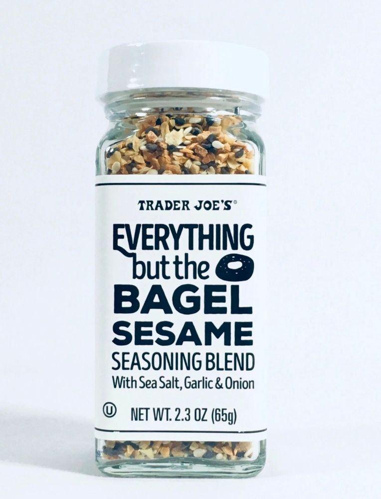 Picture of a bottle of Everything but the Bagel seasoning from Trader Joe's with a white background 