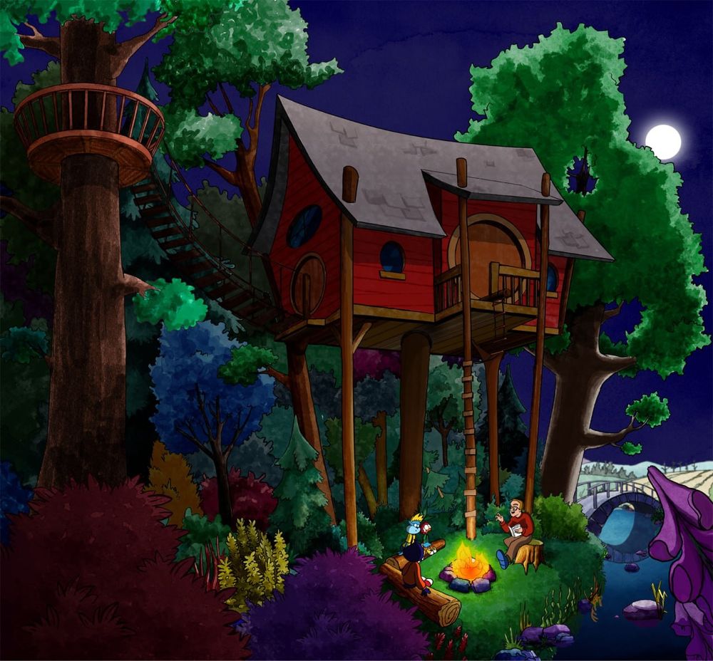 Treehouse/fort up in the trees, with a suspension bridge leading up to a small lookout and long ladder pole leading down to a fire pit. It is night time and the characters (scooter, skeeter, Scarlett, and dad) are seated around the fire