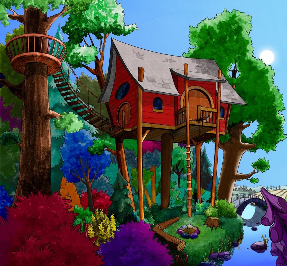 Treehouse/fort up in the trees, with a suspension bridge leading up to a small lookout and long ladder pole leading down to a fire pit. 