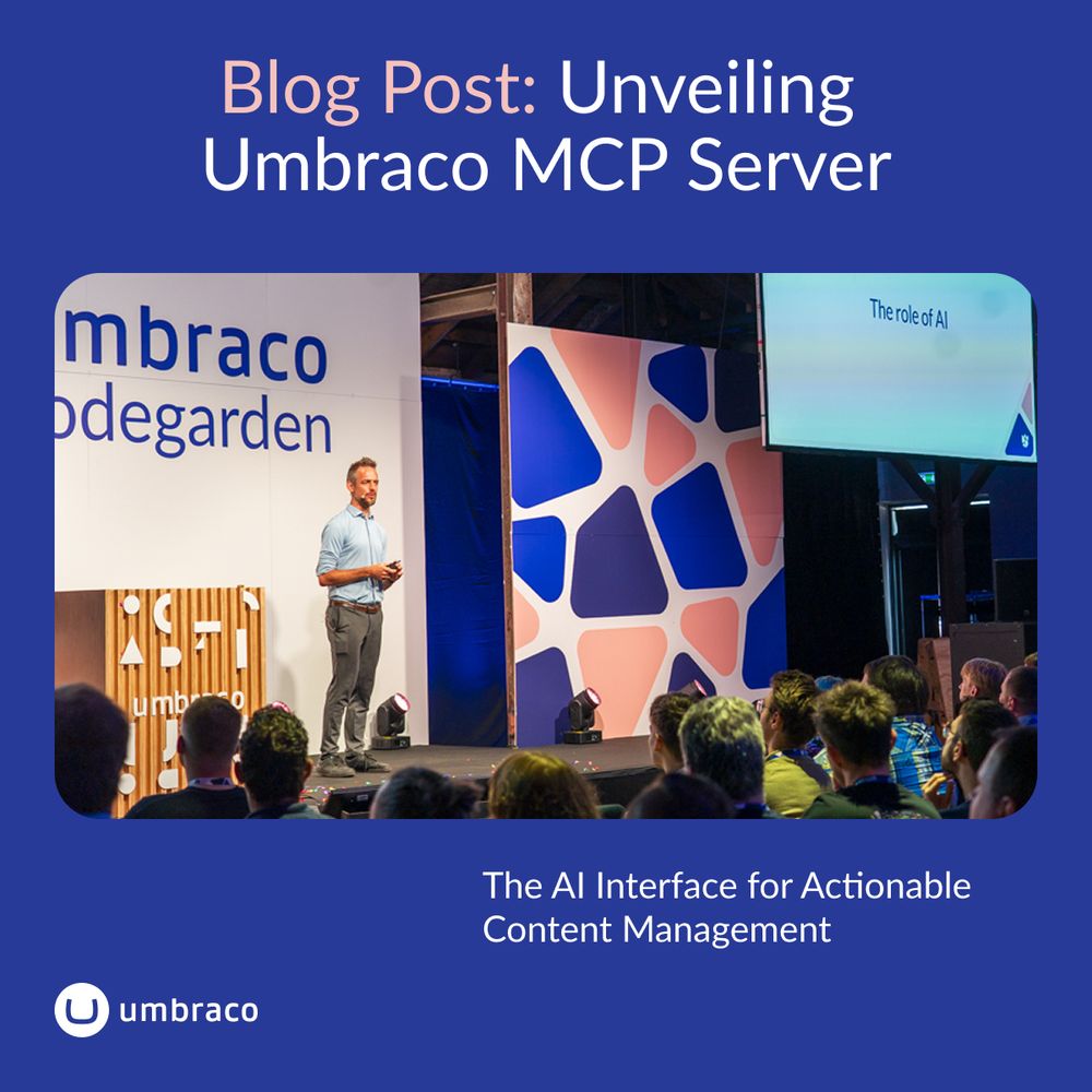 A man stands on stage at Umbraco Codegarden, presenting in front of an audience with a slide titled "The role of AI" displayed beside him. The caption reads "Blog Post: Unveiling Umbraco MCP Server – The AI Interface for Actionable Content Management" on a blue background with Umbraco branding.