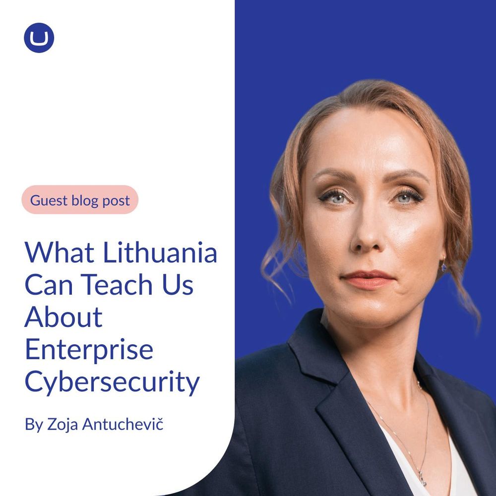 Promotional graphic for a guest blog post titled 'What Lithuania Can Teach Us About Enterprise Cybersecurity' by Zoja Antuchevič. The image features a professional portrait of the author on a blue background with Umbraco branding.