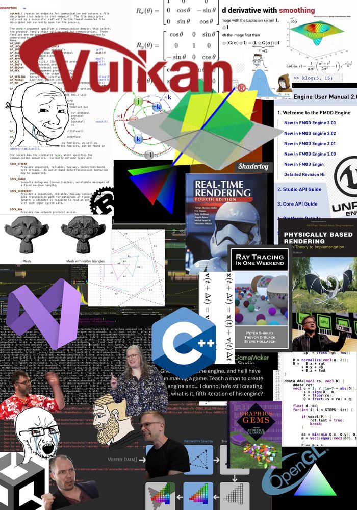 A meme about game engine development which is really just a collage of people, books, tools, errors, reaction images, math, logos, and common concepts.