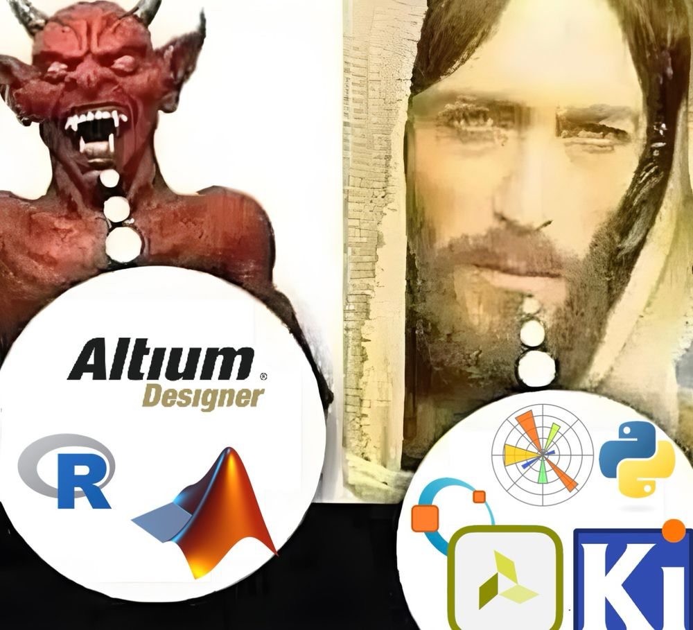Devil vs Jesus “my child will” meme format where the devil uses Altium, R, and Matlab, and Jesus uses KiCAD, Python, Matplotlib, GNU Octave, and Vivado.