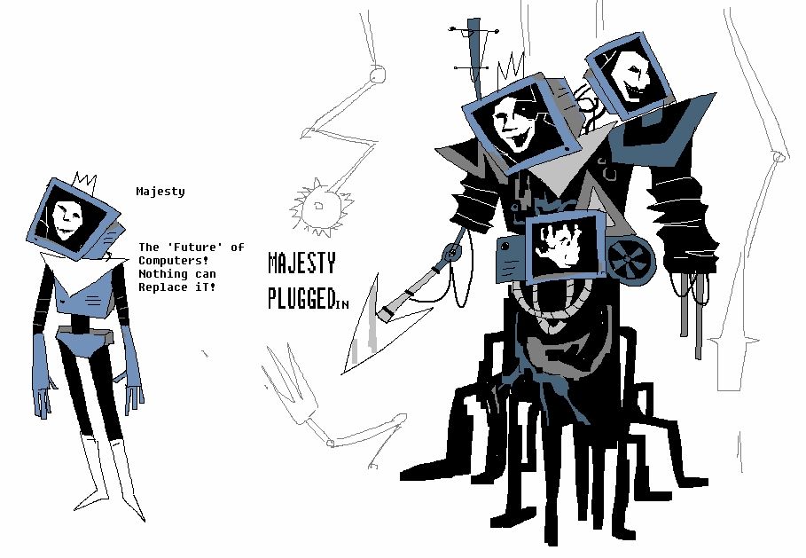 an MS Paint drawing of Majesty and her PLUGGED IN form (a Queen swap with Spamton from DELTARUNE) her base form is a tall and slender blue robot with an old monitor displaying a white face. She somewhat resembles her original counterpart. Her PLUGGED IN form is a gigantic monolith (resembling the A.M. one) with her head on it and an extra monitor next to it. Various plates and mechanical components are spread around her body, including a screen on her torso  showcasing a white realistic heart. One of her arms is a spear. She's surrounded by weapons and wires.