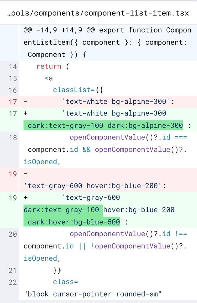GitHub diff adding Tailwind dark: classes to support dark mode