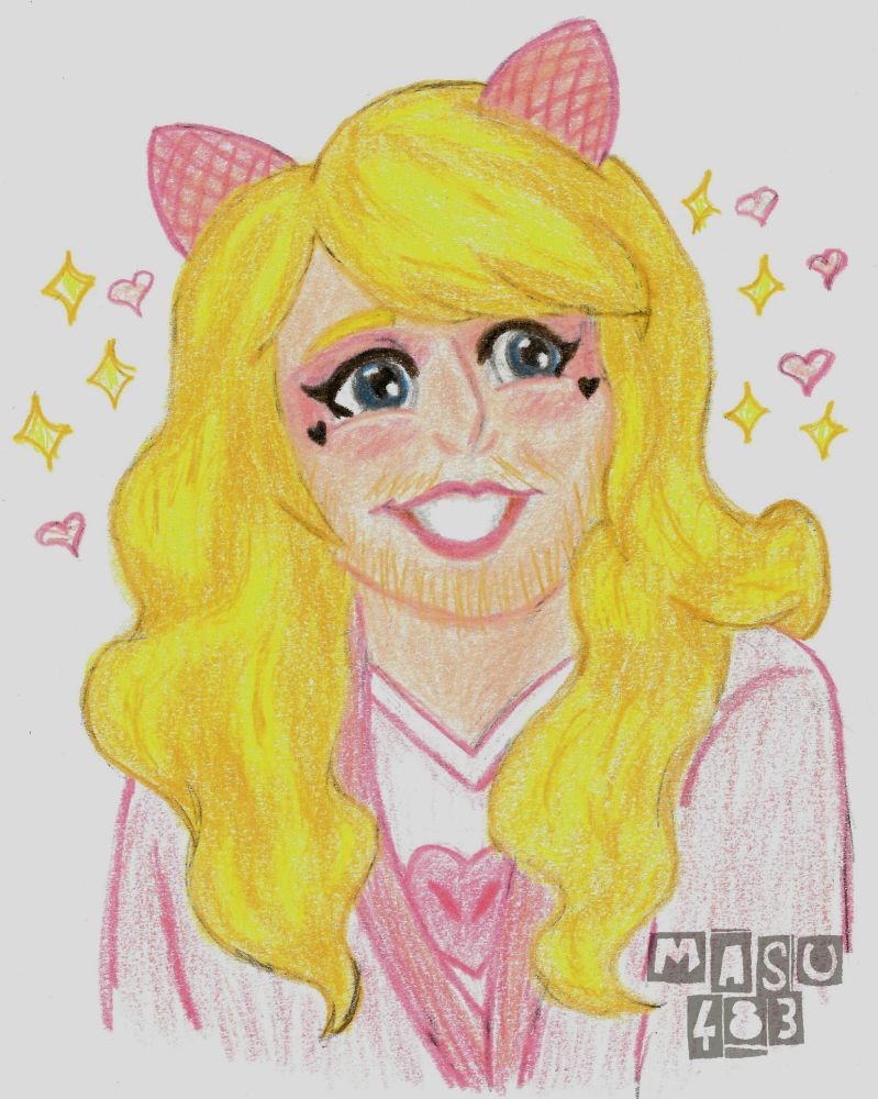 Drawing of Philza dressed as a woman. She has pink cat ears, light pink jacket and a white shirt with a pink heart. She has long wavy blonde hair, big rounded eyes, hooked nose, light blonde beard and a big smile. She's using pink eyeshadow, black eyeliner with wings, tiny black hearts next to her eyes and pink lipstick. To her sides are tiny sparkles and hearts. She's a very cute girl.