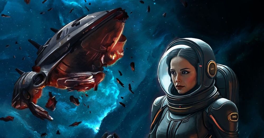A painting in space with the debris and remains of a space ship on the left. On the right, a black-haired woman in a space suit is floating. Her facial expression shows concern and fear. Painting is entitled "Silence," by Raven Oak.
