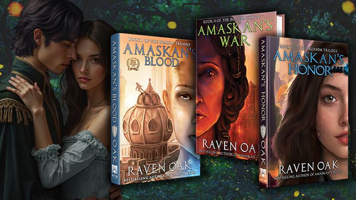 The background has a forest lit by golden faery light. On the left is a couple, a man and a woman in renaissance clothing. They are embracing but the woman is looking at you. On the right are three dark, epic fantasy books by Raven Oak: Amaskan's Blood, Amaskan's War, and Amaskan's Honor. Each book cover features a woman's face. This image is an ad for Raven's upcoming Kickstarter for a super fancy collector's edition of all three books in honor of the 10th anniversary of book 1.