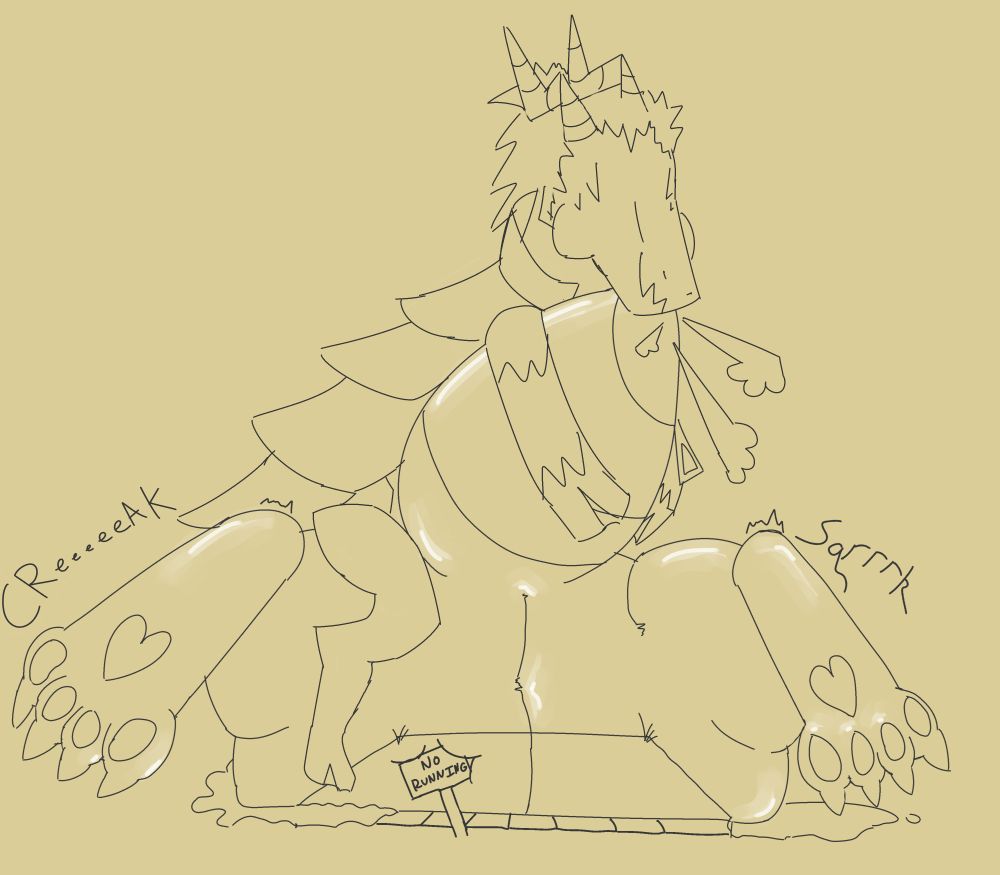 A giant goat is puffing into a pooltoy kitsune's tail, inflating them until their capacity exceeds the pool and spills out into the surroundings. Their pawpads and massive ass are visibly growing and straining.