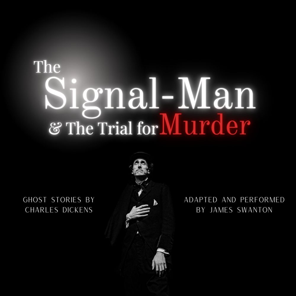 Graphic for THE SIGNAL-MAN & THE TRIAL FOR MURDER: a man in undertaker's weeds disappearing into a black void.