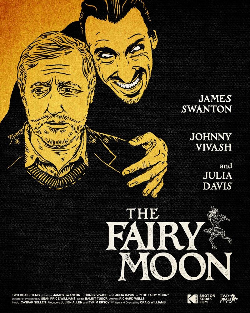 Yellow-tinged poster art for THE FAIRY MOON by Richard Wells. A concerned-looking man is threatened by an entirely demonic one.